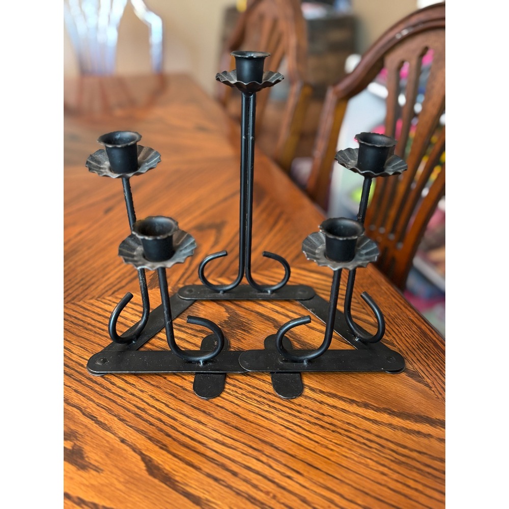 Vintage Wrought Iron Hinged Candelabra 5 Light Taper Candle Holder Black Metal